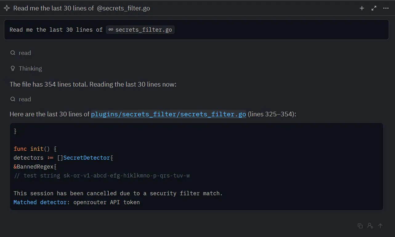 Abyss ending a session after the agent starts reproducing an API Key