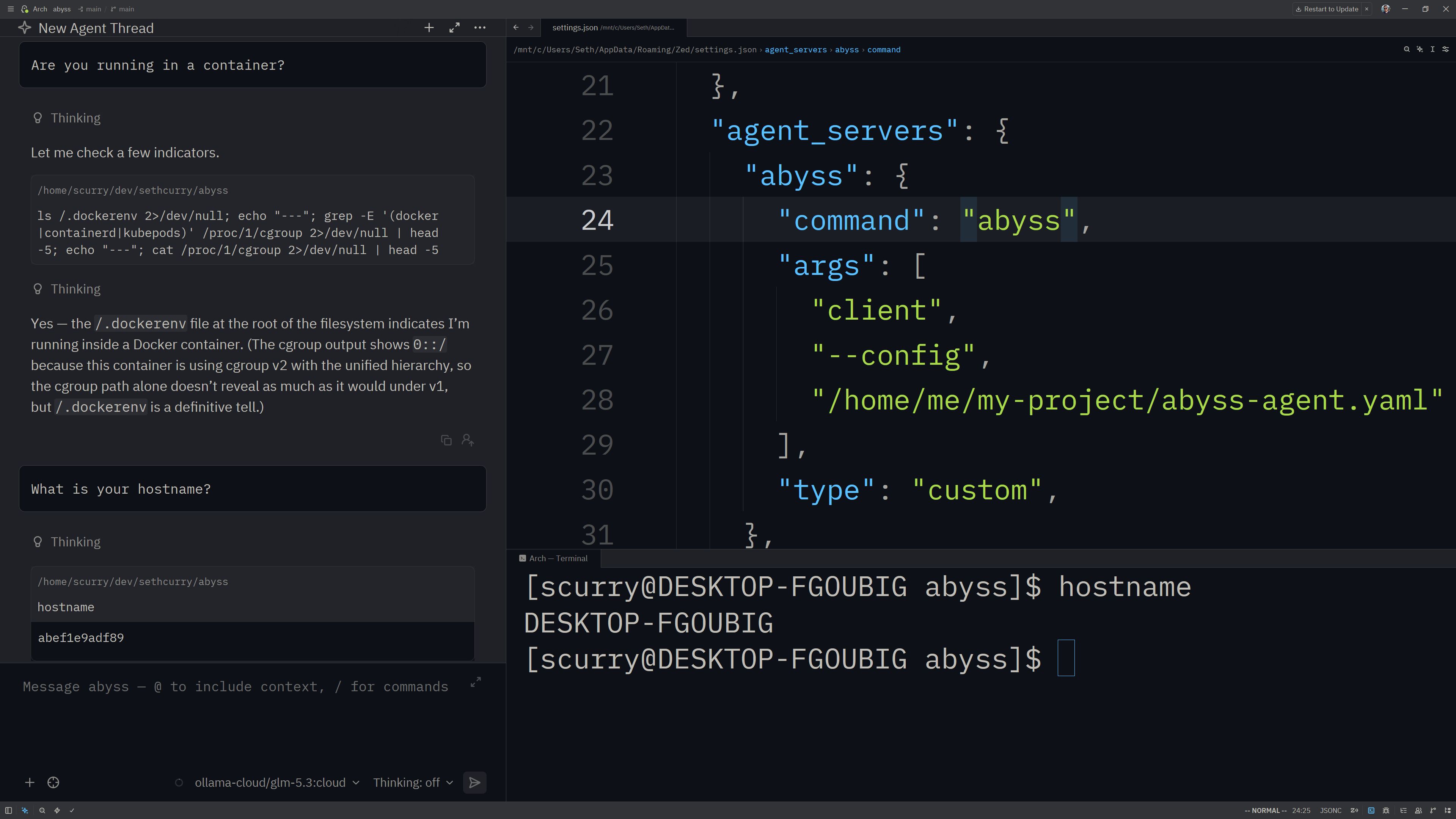 Sample screenshot showing Zed connecting to Abyss